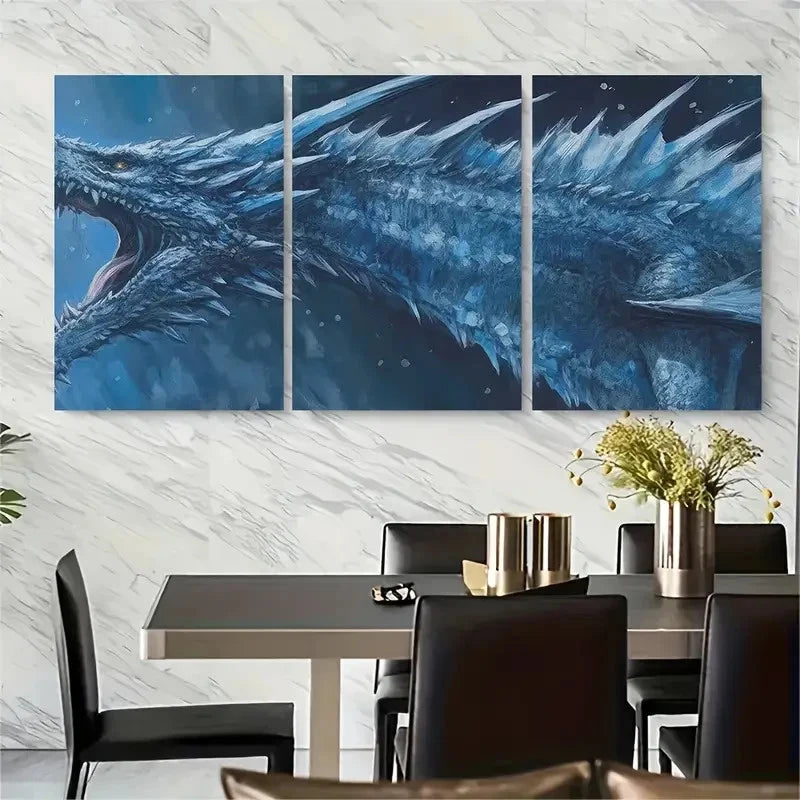 3pcs Blue Ice Dragon Metal Print Ready to Hang Art - Bella Home Decor