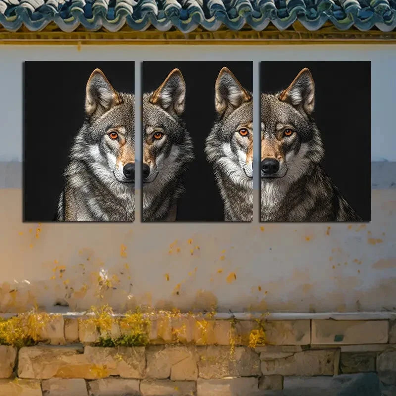 3pcs Two Wolves in Black background Metal Print Ready to Hang Art - Bella Home Decor