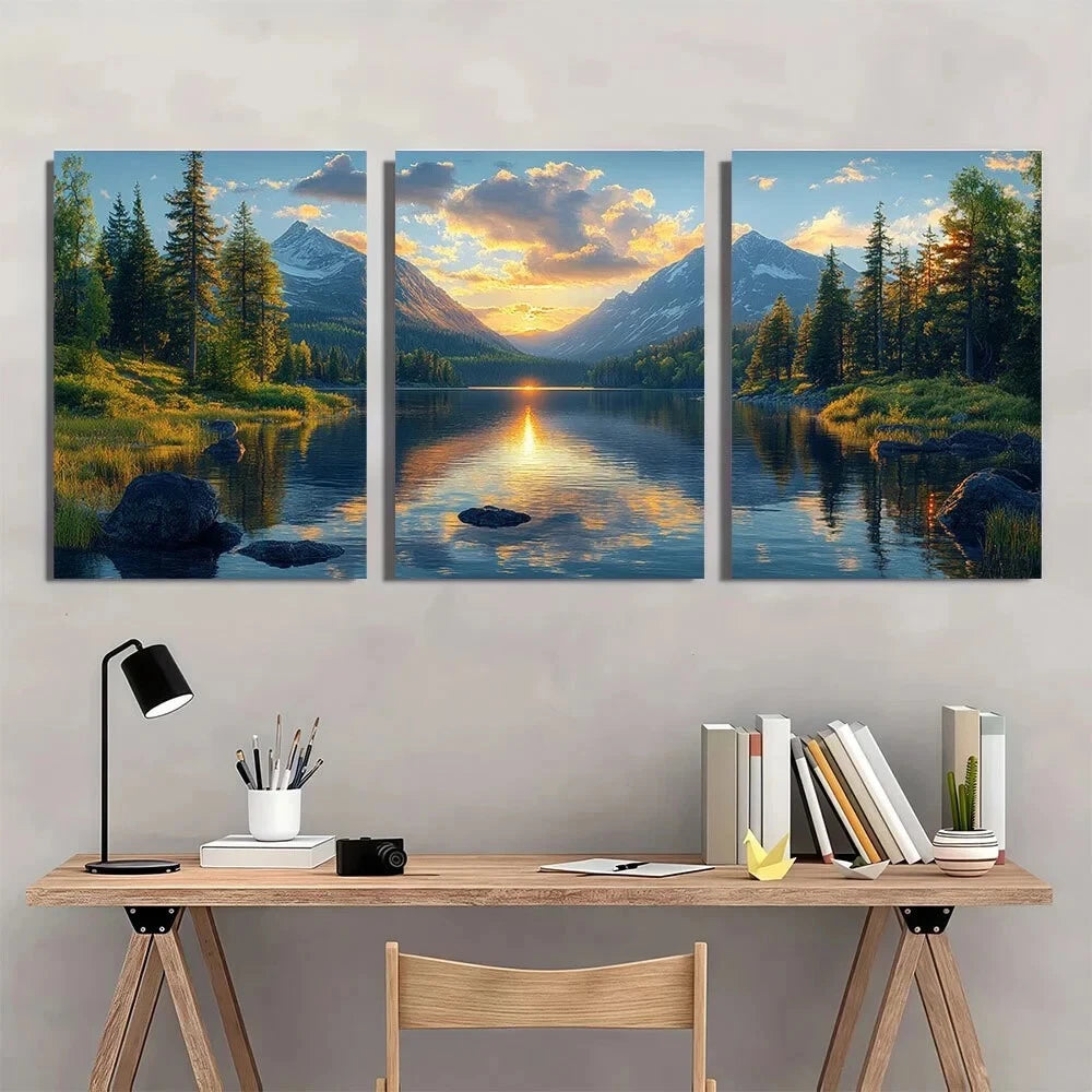 3pcs Nature Mountain Lake Scene Metal Print Ready to Hang Art - Bella Home Decor