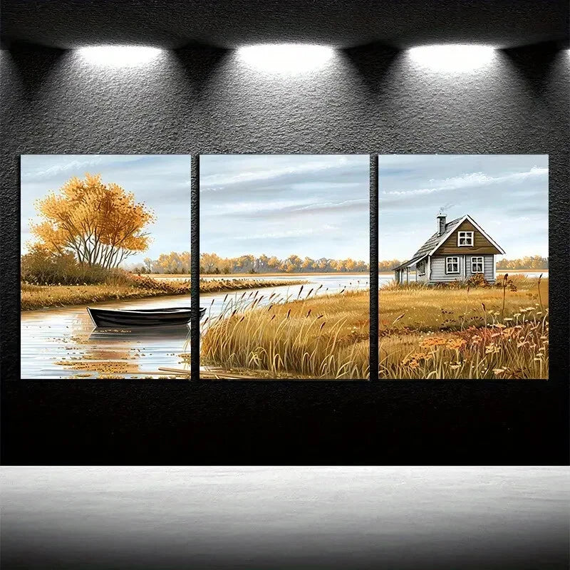 3pcs The Small Boat By The Farmhouse Illustration Metal Print Ready to Hang Art - Bella Home Decor