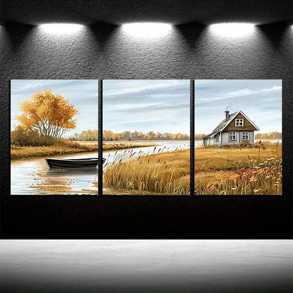 3pcs The Small Boat By The Farmhouse Illustration Metal Print Ready to Hang Art - Bella Home Decor