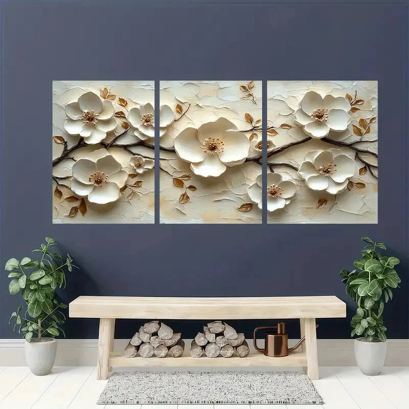 3pcs White Floral Texture Artwork Beige Minimalist Metal Print Ready to Hang Art - Bella Home Decor