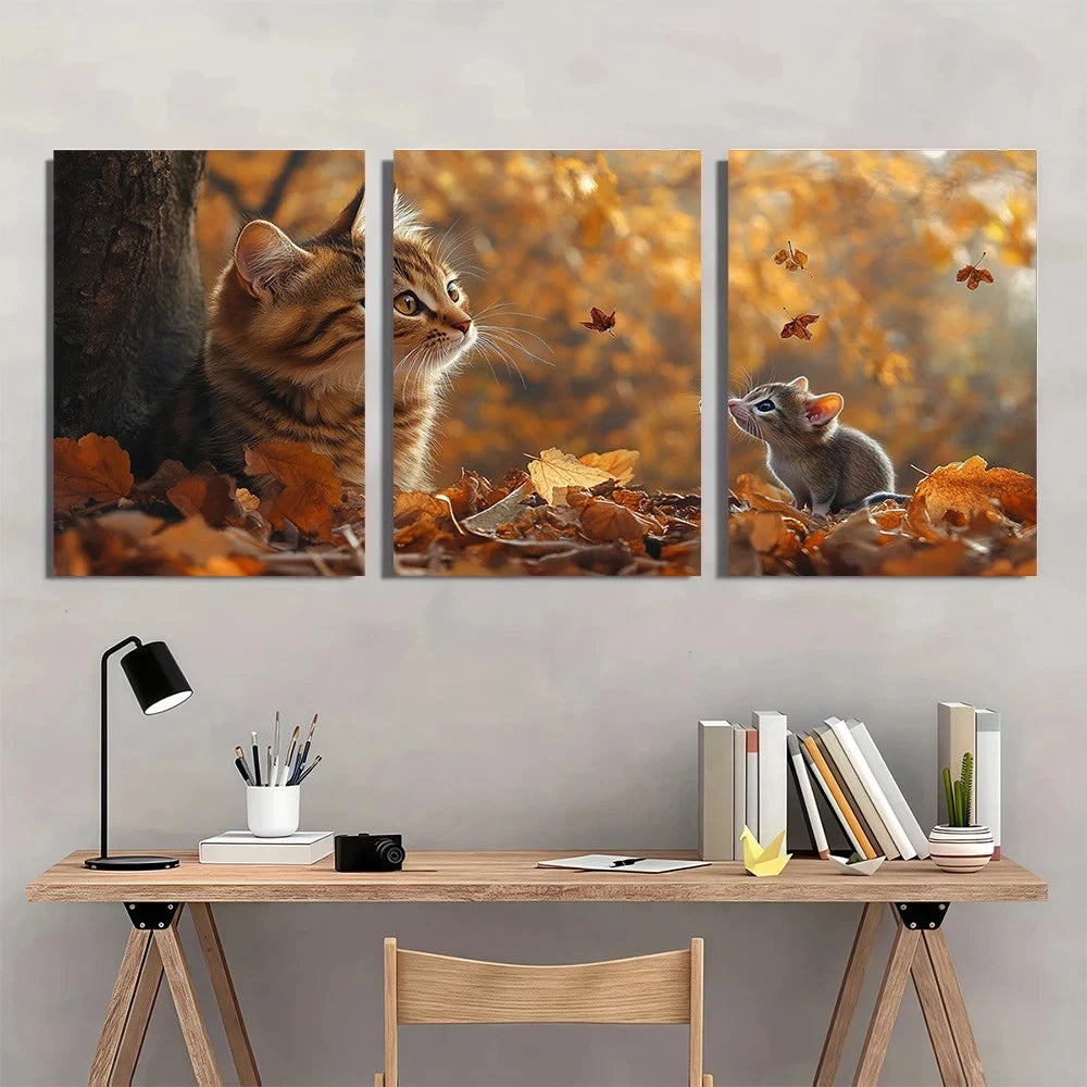 3pcs Autumn Cat and Mouse Scene Wall Art Set Canvas Framed 60x90cm - High Quality Print 100% Australian Made Wall Canvas Ready to Hang - Bella Home Decor