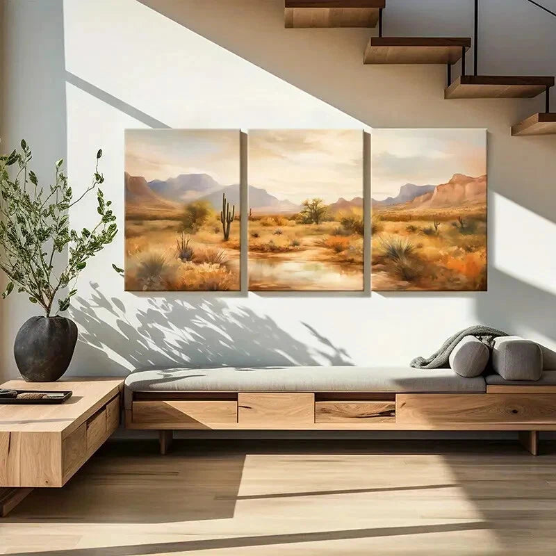 3pcs Desert Landscape Cactus Plant Mountain Range Metal Print Ready to Hang Art - Bella Home Decor