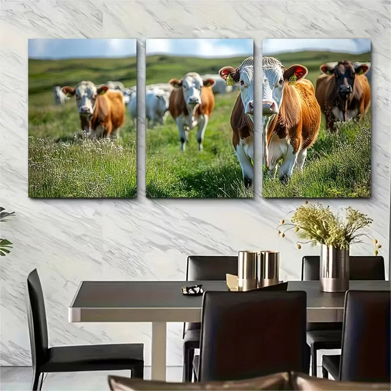 3pcs Rustic Farmhouse Canvas Grazing Cows Metal Print Ready to Hang Art
