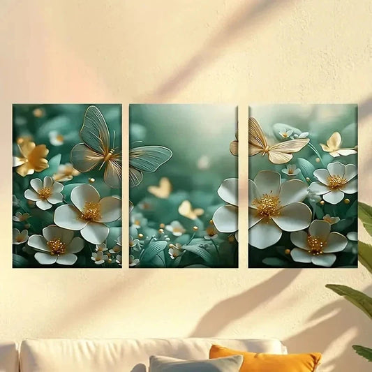 3pcs a bunch of white flowers with Gold Wall Art Set Canvas Framed 60x90cm - High Quality Print 100% Australian Made Wall Canvas Ready to Hang