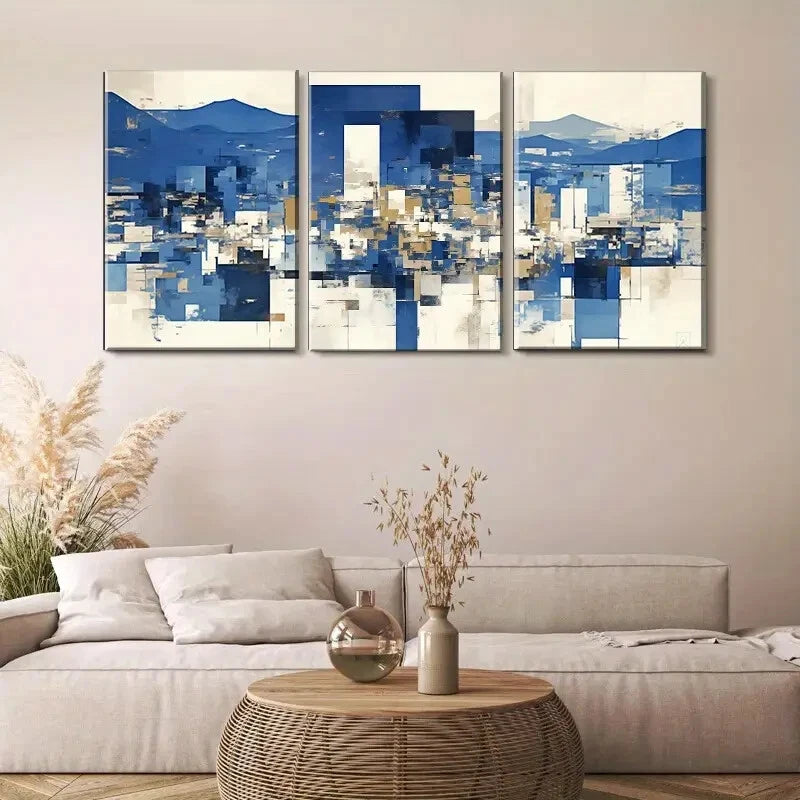 3pcs Blue & Golden Geometric Shapes Perfect Wall Art Set Canvas Framed 40x60cm - High Quality Print 100% Australian Made Wall Canvas Ready to Hang - Bella Home Decor