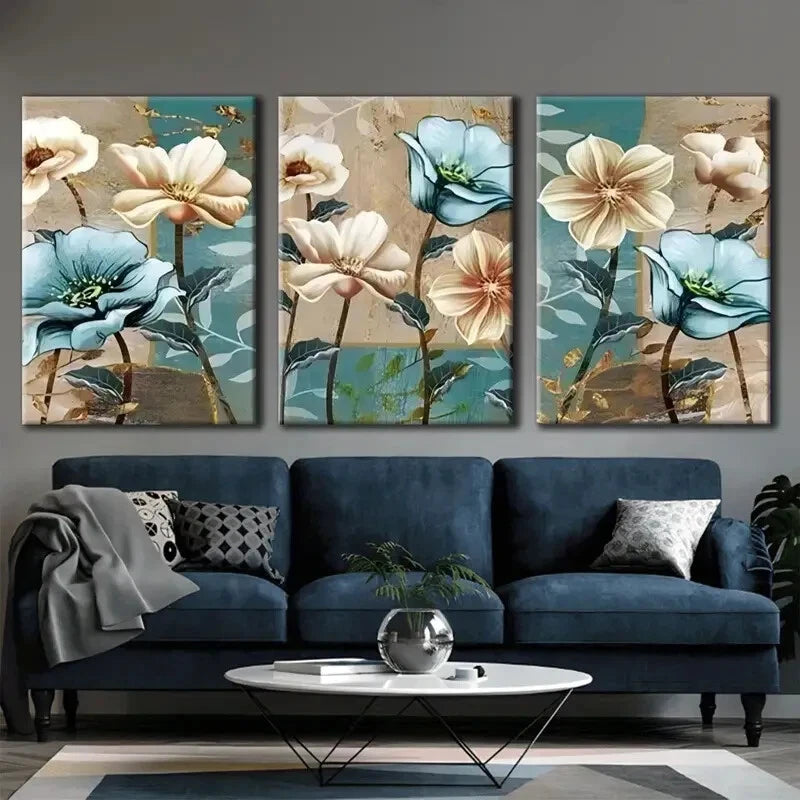 3pcs Brown and Blue Stamen Blue and White Floral Metal Print Ready to Hang Art - Bella Home Decor