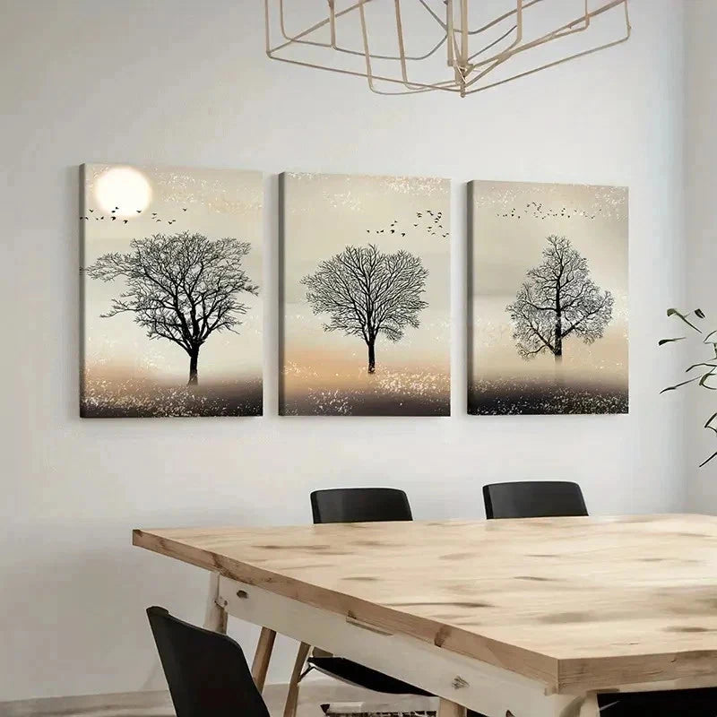 3pcs Trees Under Sunset Simple Style Wall Art Set Canvas Framed 60x90cm - High Quality Print 100% Australian Made Wall Canvas Ready to Hang