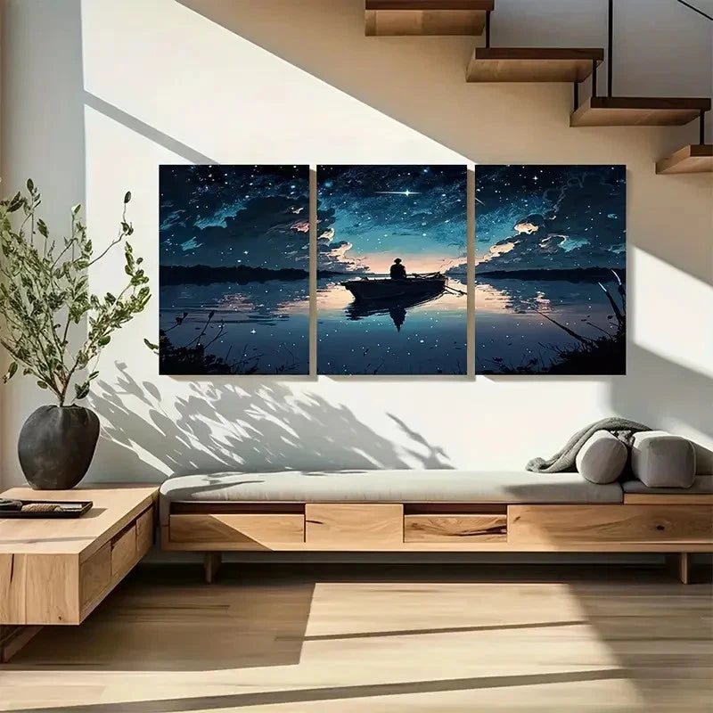 3pcs Night Sky Small Boat Landscape Wall Art Metal Print Ready to Hang Art