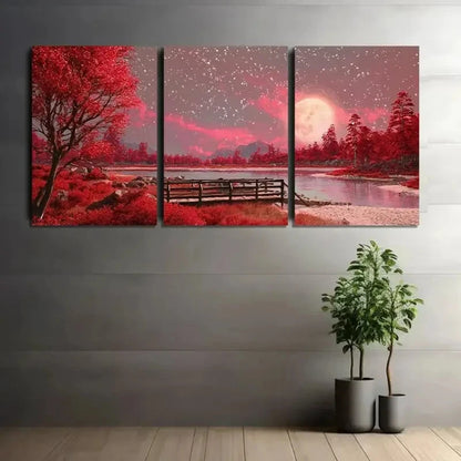 3pcs Cinematic Night Sky & Lake Painting Metal Print Ready to Hang Art - Bella Home Decor