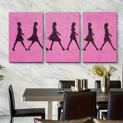3pcs Walking Silhouettes on Pink Background Metal Print Ready to Hang Art