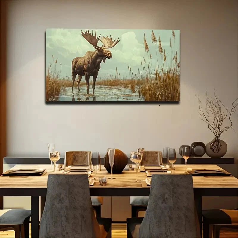 Majestic Moose In Natural Habit Wall cArt Canvas Office Home Room Framed 120x60cm