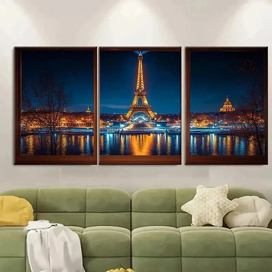 3pcs Eiffel Tower at Night Parisian Cityscape H Wall Art Set Canvas Framed 50x70cm - High Quality Print 100% Australian Made Wall Canvas Ready to Hang