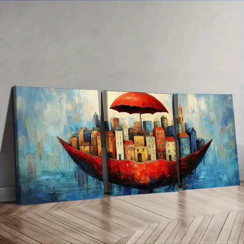3pcs City View Under a Red Umbrella Wall Art Set Canvas Unframed - High Quality Print 100% Australian Made Wall Canvas - Bella Home Decor