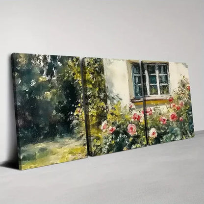 3pcs Retro Beautiful Garden with Floral Painting Wall Art Canvas Unframed - High Quality Print 100% Australian Made Wall Canvas