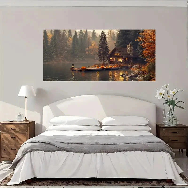 Autumn Cabin By The Lake Wall Art Canvas Office Home Room Framed 120x60cm