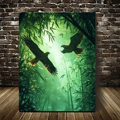 Steampunk Hawks in Bamboo Grove with Neon Painting 40x60cm Metal Print Ready to Hang - Bella Home Decor