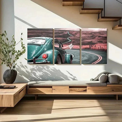 3pcs Vintage Car Travel Scenery Modern Wall Art Set Canvas Framed 50x70cm - High Quality Print 100% Australian Made Wall Canvas Ready to Hang