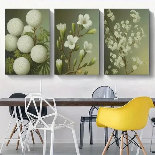 3pcs White Flowers, Green Leaves Wall Art Set Canvas Unframed - High Quality Print 100% Australian Made Wall Canvas