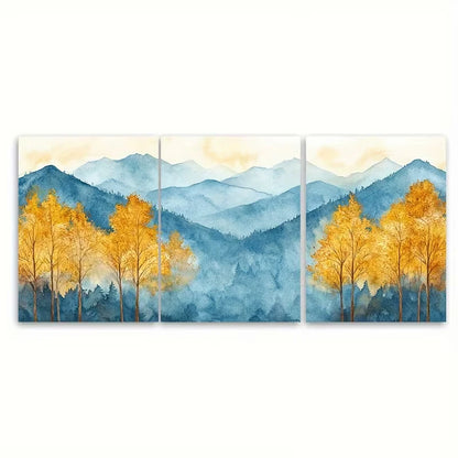 3pcs Golden Yellow Fall Trees & Misty Mountains Metal Print Ready to Hang Art - Bella Home Decor