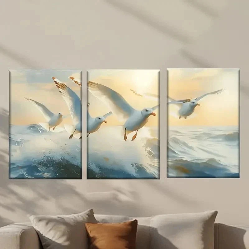 3pcs Seagulls Flying in the Sky at Sunrise Wall Art Set Canvas Framed 50x70cm - High Quality Print 100% Australian Made Wall Canvas Ready to Hang