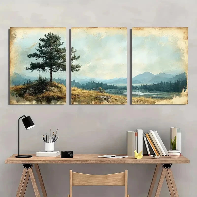 3pcs Vintage Pine Tree Panoramic Landscape Metal Print Ready to Hang Art - Bella Home Decor
