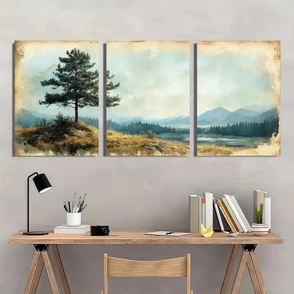 3pcs Vintage Pine Tree Panoramic Landscape Metal Print Ready to Hang Art - Bella Home Decor