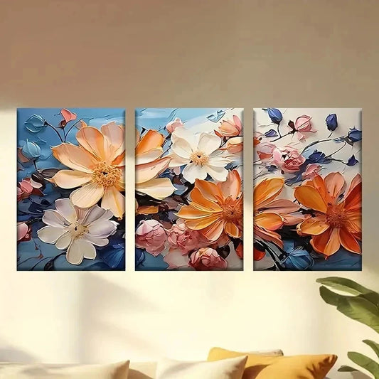 3pcs painting of flowers on a blue background Wall Art Set Canvas Framed 50x70cm - High Quality Print 100% Australian Made Wall Canvas Ready to Hang