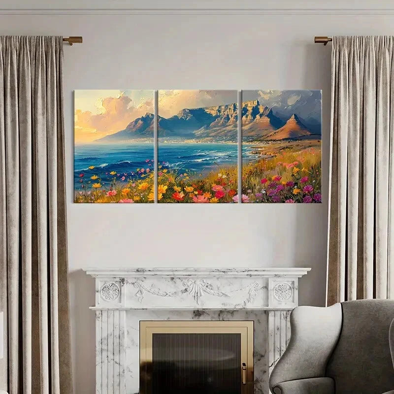 3pcs Mountain Landscape Vibrant Flowers Coastal Metal Print Ready to Hang Art - Bella Home Decor