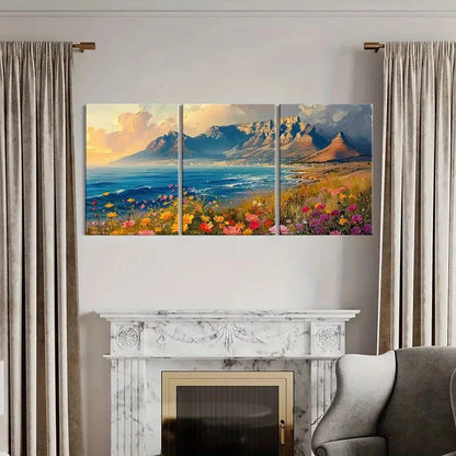 3pcs Mountain Landscape Vibrant Flowers Coastal Metal Print Ready to Hang Art - Bella Home Decor