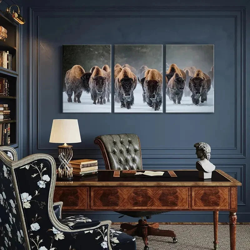 3pcs Winter Bison Herd Snow Landscape Photography Metal Print Ready to Hang Art - Bella Home Decor