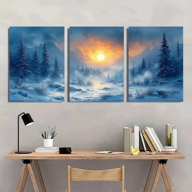 3pcs Snowy Forest and Mountain Scenery with Sun Wall Art Set Canvas Framed 40x60cm - High Quality Print 100% Australian Made Wall Canvas Ready to Hang - Bella Home Decor