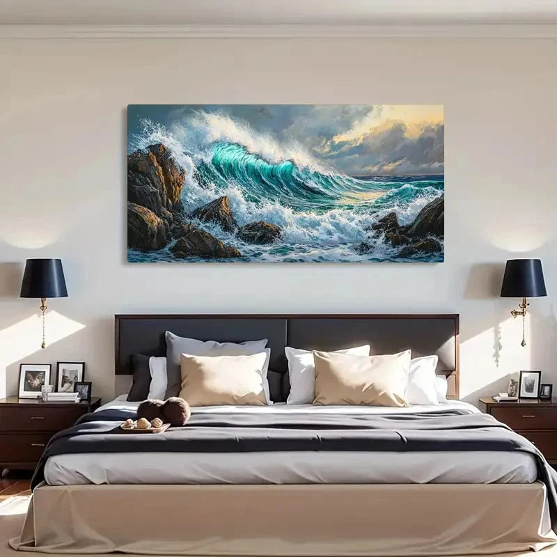 Sea Wave Vintage Landscape Wall Art Canvas Office Home Room Framed 120x60cm