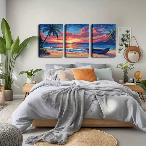 3pcs Vibrant Beach Scene with Palm Trees Wall Art Set Canvas Unframed - High Quality Print 100% Australian Made Wall Canvas