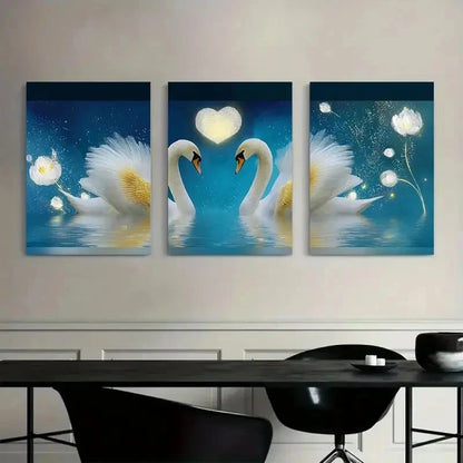 3pcs Dreamy Romantic Swans with Golden Wings Metal Print Ready to Hang Art - Bella Home Decor