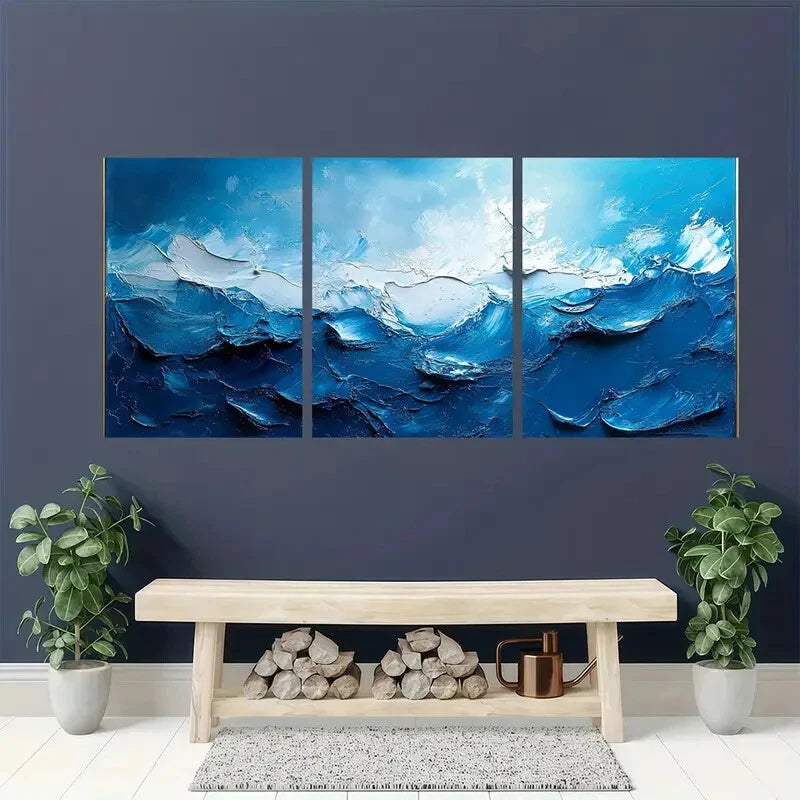 3pcs Acrylic PaintingModern Blue Abstract Painting Metal Print Ready to Hang Art - Bella Home Decor
