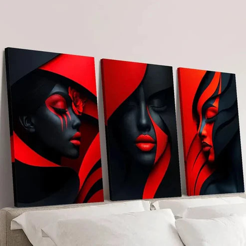 3pcs Geometric Red Makeup Poster Black and Red Wall Art Canvas Unframed - High Quality Print 100% Australian Made Wall Canvas - Bella Home Decor