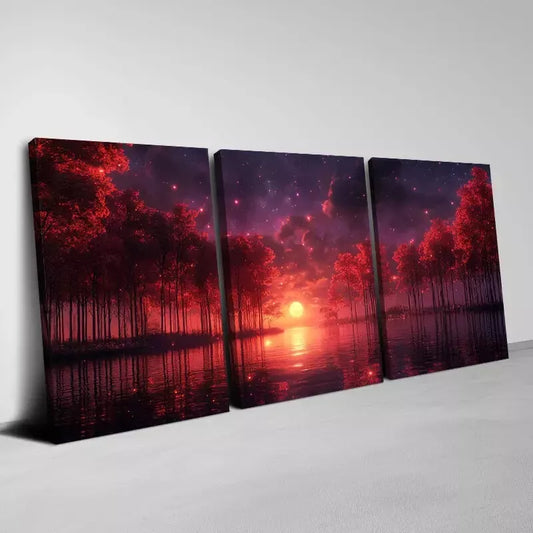 3pcs Charming Lake Red Trees with Sunset View Wall Art Set Canvas Framed 40x60cm - High Quality Print 100% Australian Made Wall Canvas Ready to Hang