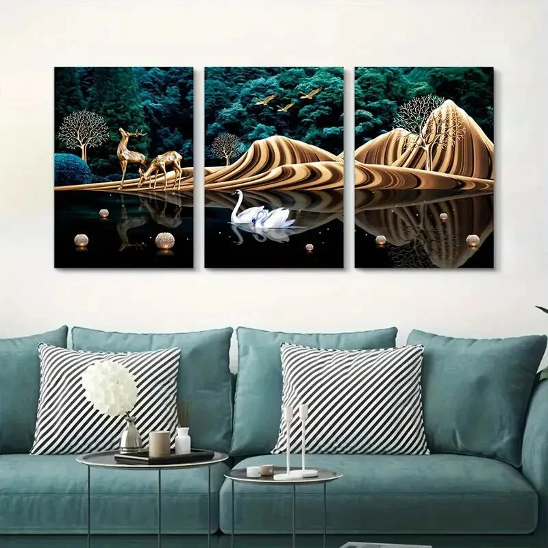 3pcs White Swan in Water Abstract Botanical Metal Print Ready to Hang Art