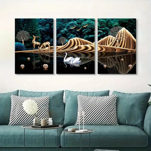 3pcs White Swan in Water Abstract Botanical Metal Print Ready to Hang Art