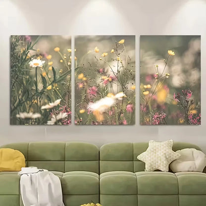 3pcs Botanical Meadow Scene with Flowers Metal Print Ready to Hang Art - Bella Home Decor