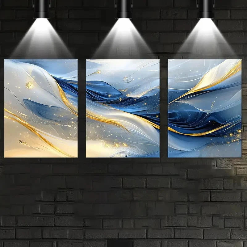3pcs Abstract Blue & Golden Marble -like Metal Print Ready to Hang Art - Bella Home Decor