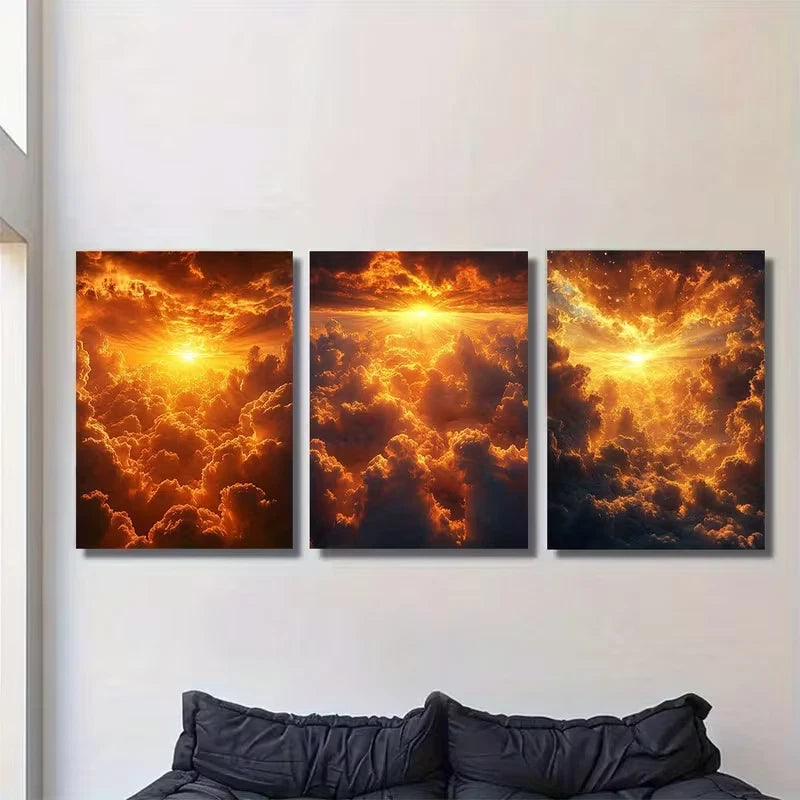 3pcs The Brilliant Sun Piercing Through Clouds Metal Print Ready to Hang Art