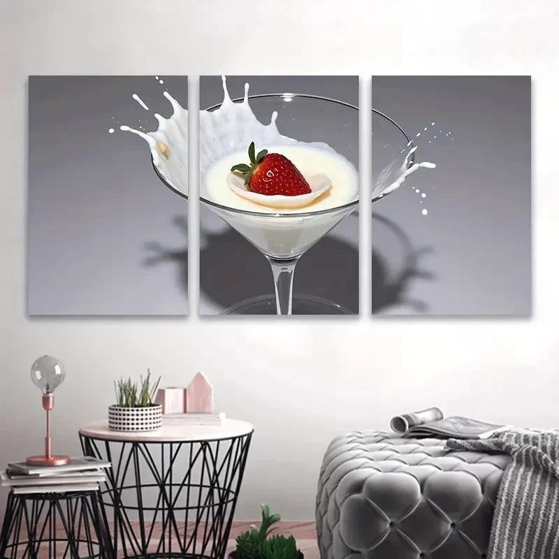 3pcs Strawberry Martini Cocktail Wall Art Set Canvas Framed 60x90cm - High Quality Print 100% Australian Made Wall Canvas Ready to Hang