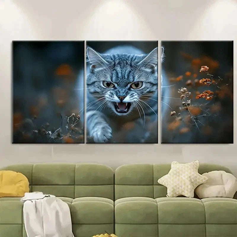 3pcs Feisty Silvery Grey Tabby Cat FT   Wall Art Set Canvas Framed 40x60cm - High Quality Print 100% Australian Made Wall Canvas Ready to Hang - Bella Home Decor