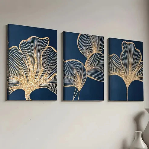 3pcs Elegant Golden Ginkgo Leaf on Navy Blue Wall Art Set Canvas Unframed - High Quality Print 100% Australian Made Wall Canvas