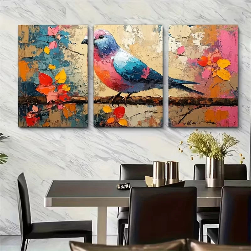 3pcs Colorful Pigeon Impasto Painting Metal Print Ready to Hang Art - Bella Home Decor