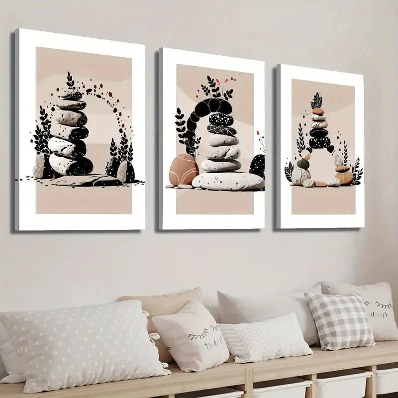 3pcs Abstract Stone Plant Art Zen Stone Stacked Wall Art Set Canvas Unframed - High Quality Print 100% Australian Made Wall Canvas - Bella Home Decor