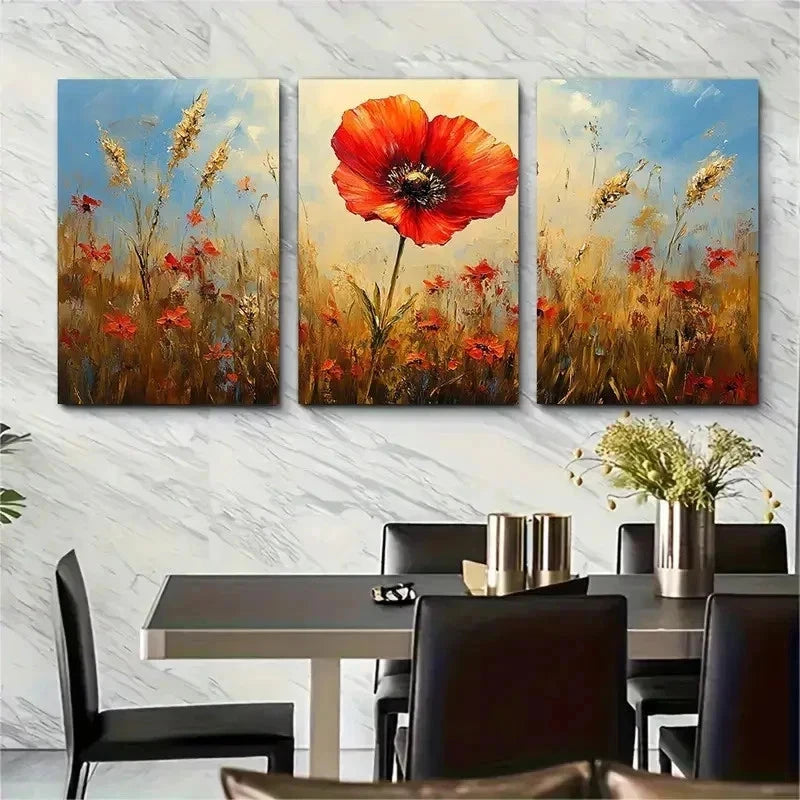 3pcs Wild Meadow Red Flower Perfect Wall Art Set Canvas Framed 50x70cm - High Quality Print 100% Australian Made Wall Canvas Ready to Hang